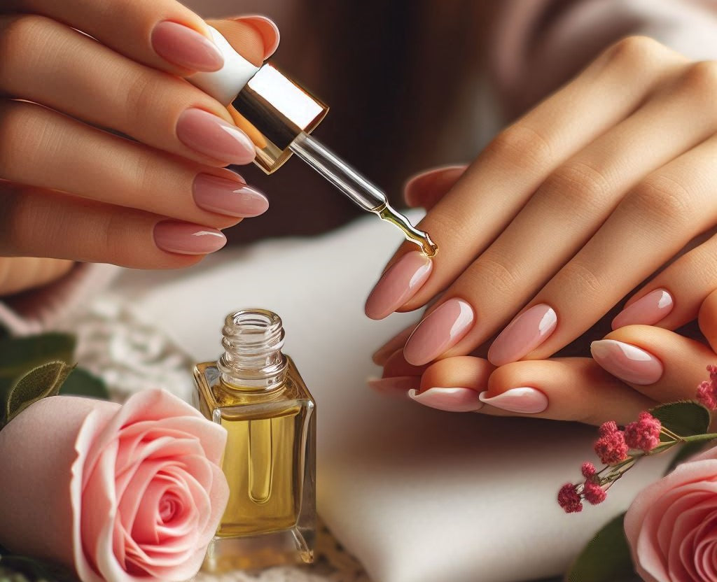 A person's hands with nails being coated with cuticle oil from a small bottle with a dropper, surrounded by roses and other floral elements.