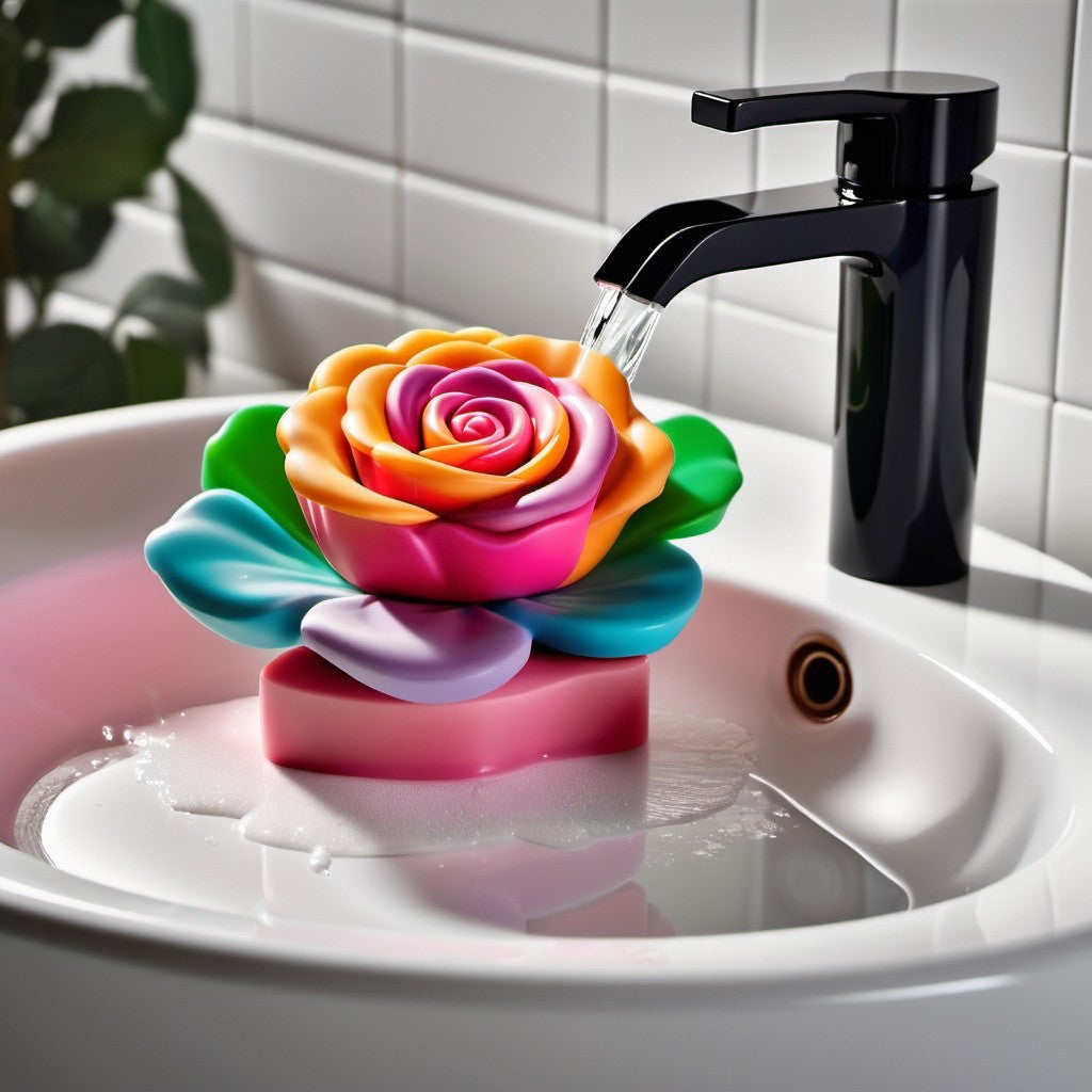 A colorful, rose-shaped soap bar is placed in the sink, with water flowing over it, illustrating its use as a bar of soap.
