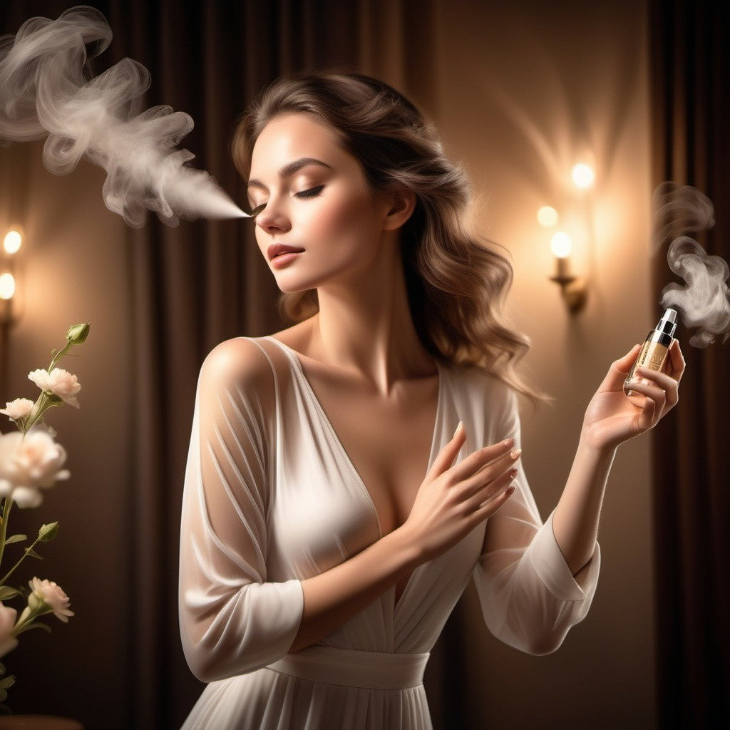 A woman holding a small bottle of body spray, with vapor coming out of it, in a room with dim lighting and flowers in the background.