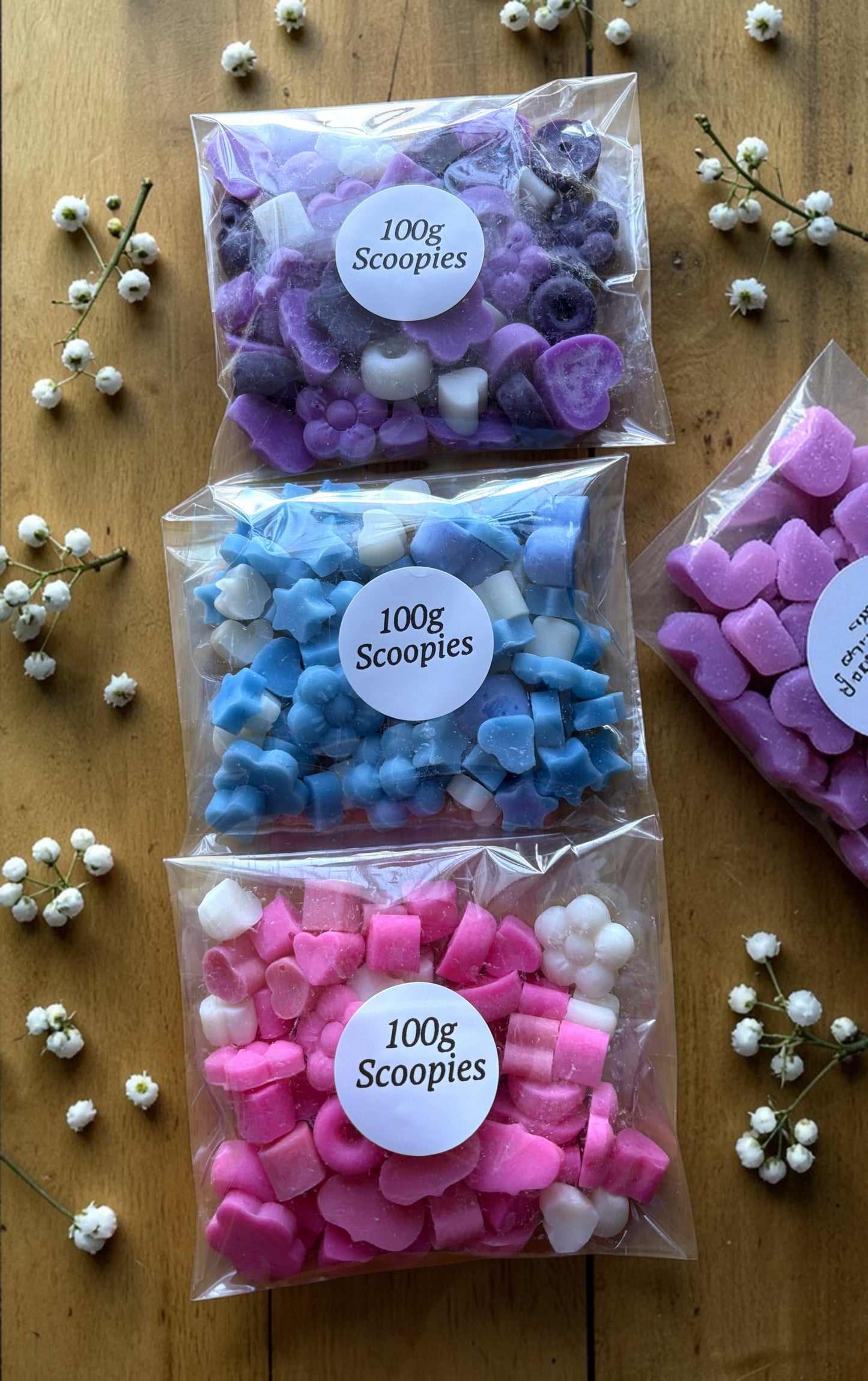 Three bags of '100g Scoopies' on a wooden surface with decorative elements.