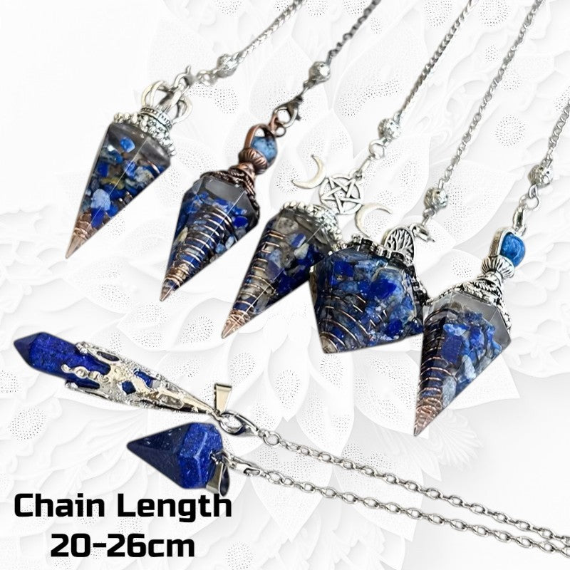 Set of blue stone pendants on silver chains with a white background