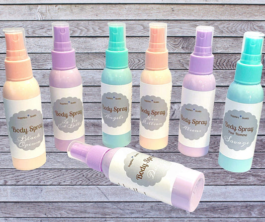 A collection of eight body spray bottles in various colors, labeled 'Body Spray' with a price tag in the background.