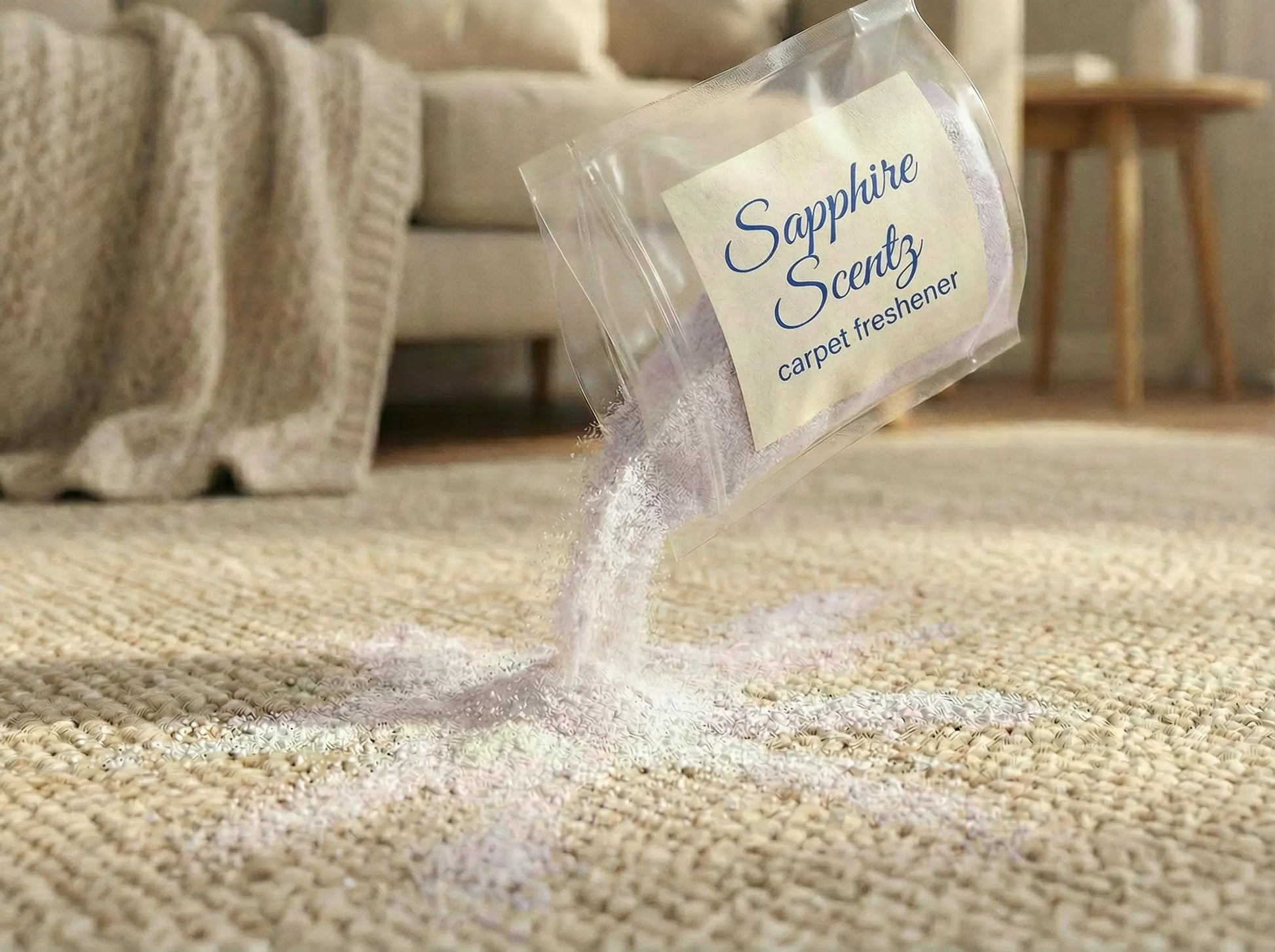 Carpet freshener powder being sprinkled over a carpet in a room with furniture in it 