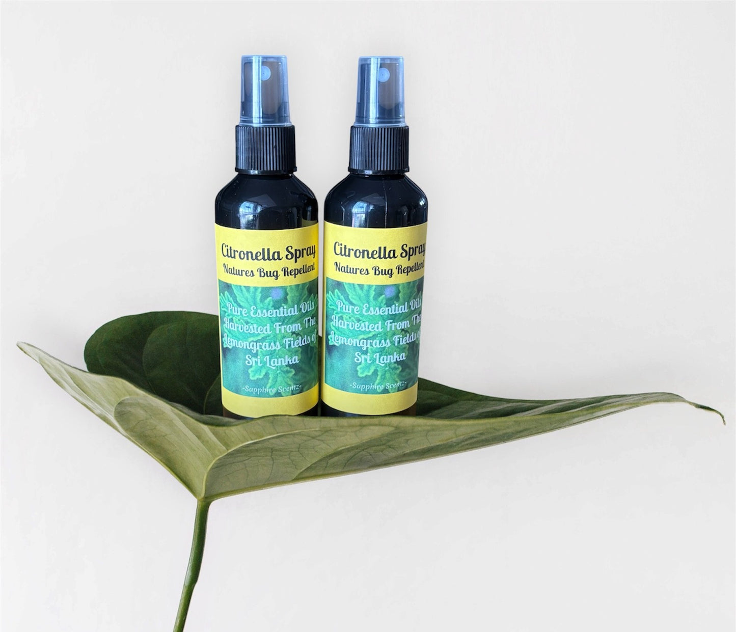 Two dark spray bottles labeled 'Citronella Spray Nature's Bug Repeller' resting on a large green leaf against a plain light background.