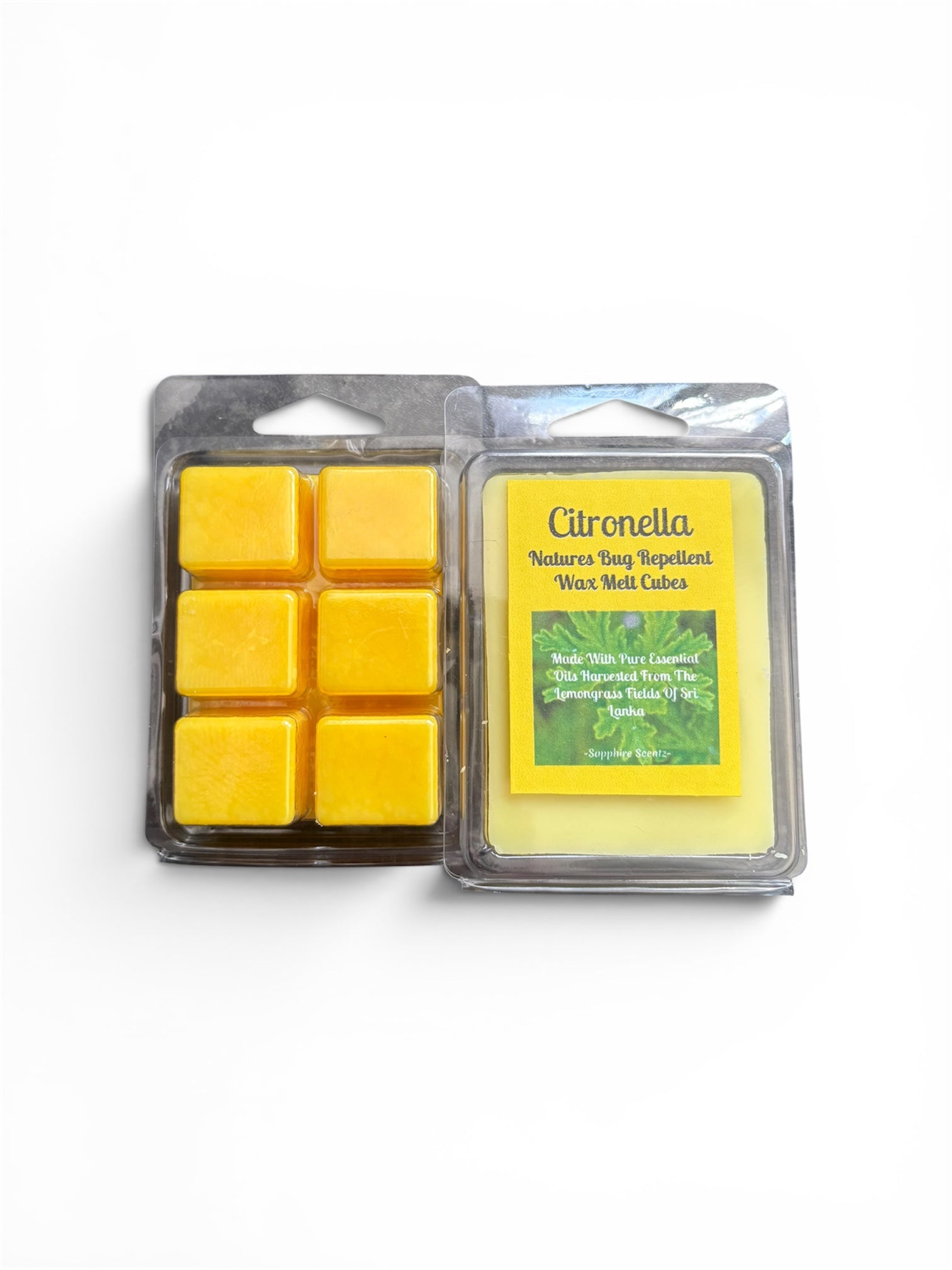 Two packages of Citronella wax melts on a white background: a six-piece yellow wax melt grid in a clear blister pack, and a single yellow wax melt card in a clear clamshell package labeled Citronella.