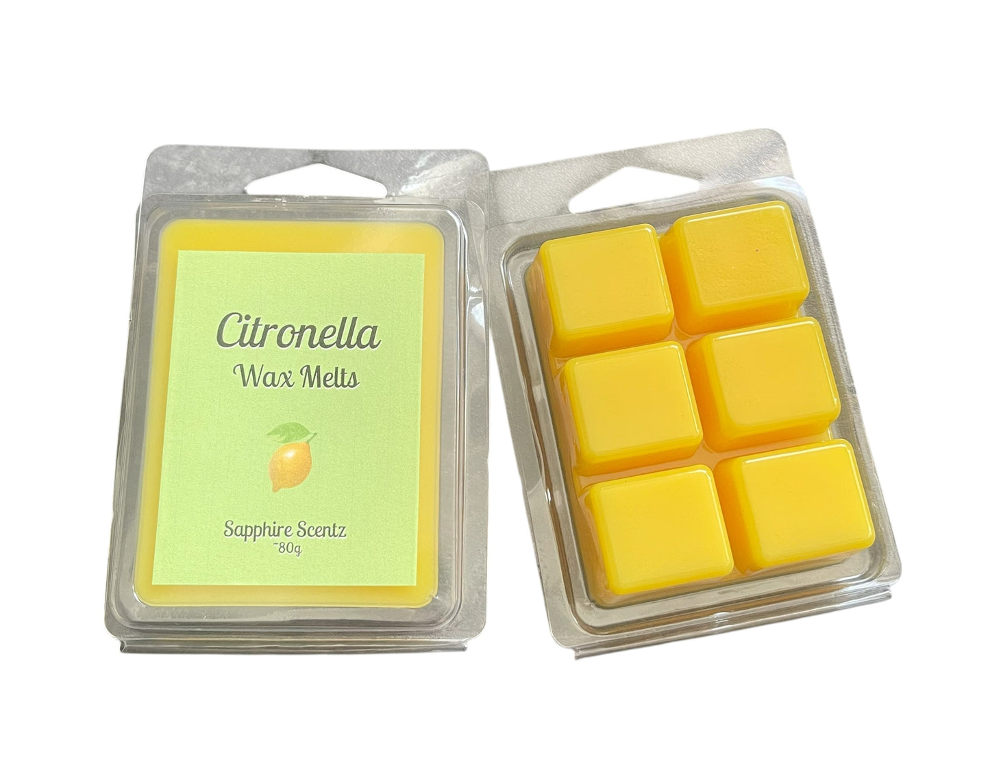 Citronella wax melts in a clear packaging with a visible label on a white background