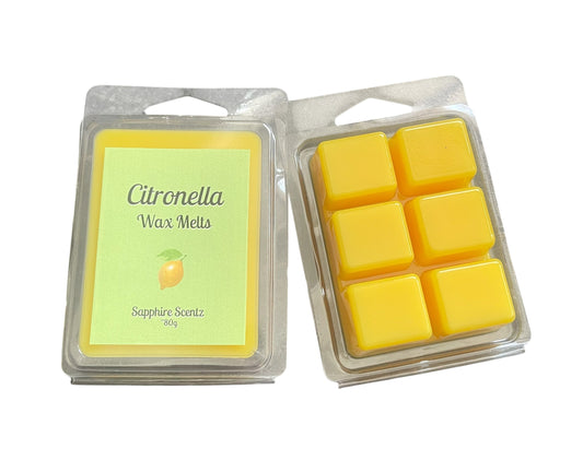 Citronella wax melts in a clear packaging with a visible label on a white background