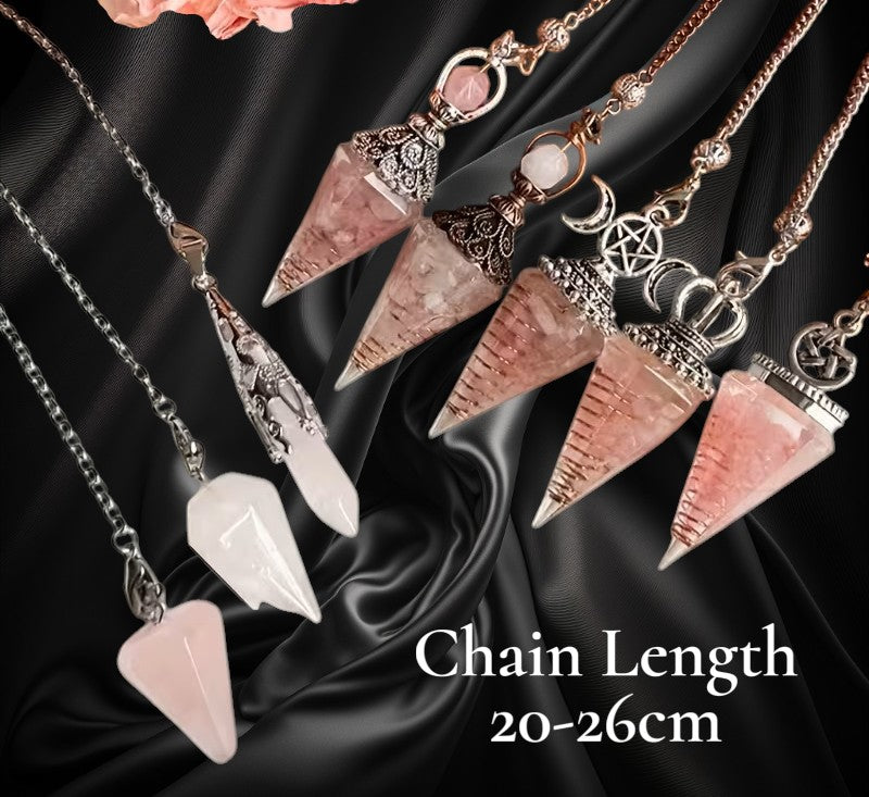 Necklaces with stone pendants on a black satin background