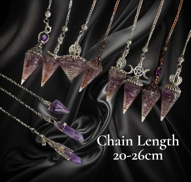 Purple crystal necklaces on a dark fabric background with chain length information.