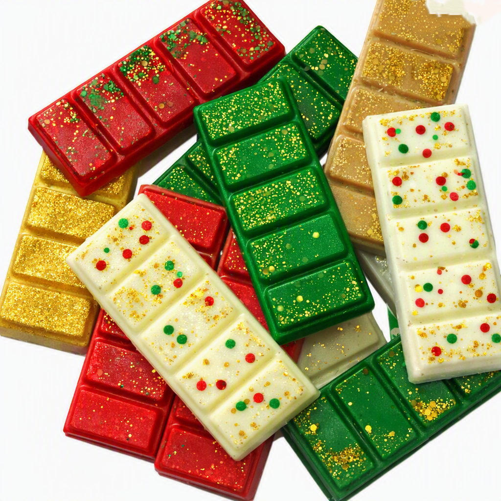 A pile of decorative chocolate bars in holiday colors, including red, green, white, and gold, with glitter and sprinkles.